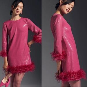 Vineet Bahl Anthropologie Hot Pink Feather Trimmed Sequin Shift Dress Size XSP